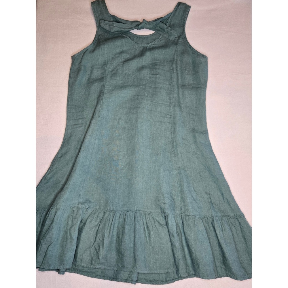 Terzo Millennio Italy 100% Linen Ruffle Hem Tie Back Dress Sage Green Womens M - Picture 10 of 10